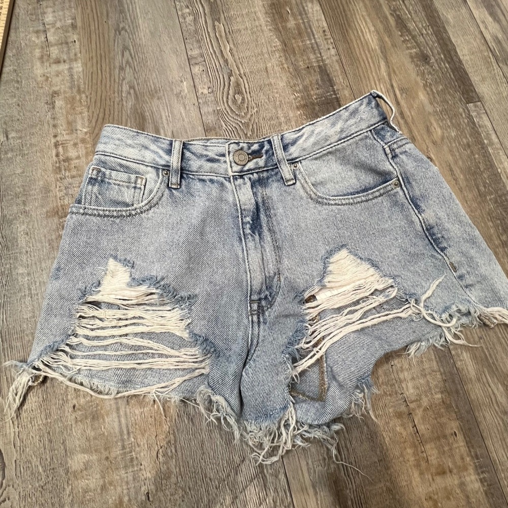 PacSun Womens Denim Shorts‎ High Rise Festival Distressed Light Wash Size 25